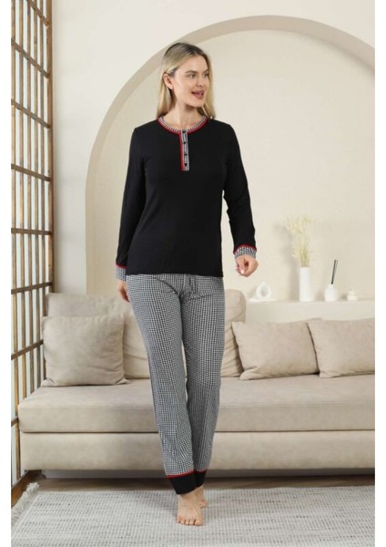 Alimer Siyah Renk Kaz Ayağı Desen Üç Düğmeli Yaka Uzun Kollu Kadın Pijama Takımı fiyatları