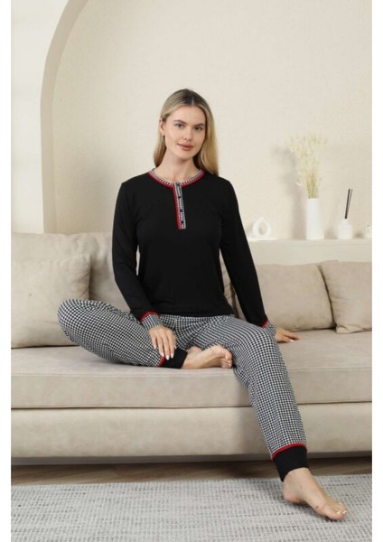 Alimer Siyah Renk Kaz Ayağı Desen Üç Düğmeli Yaka Uzun Kollu Kadın Pijama Takımı modelleri