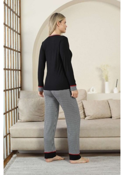 Alimer Siyah Renk Kaz Ayağı Desen Üç Düğmeli Yaka Uzun Kollu Kadın Pijama Takımı fırsatları