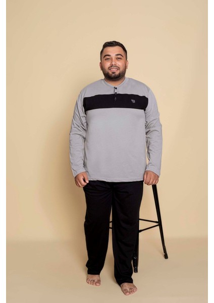 Erkek Büyük Battal Beden Desenli 3 Düğmeli %100 Pamuk Mevsimlik Uzun Kol Cepli Pijama Takımı fırsatları