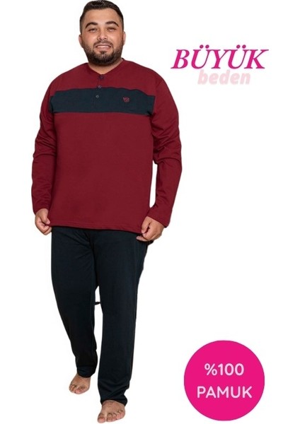 Erkek Büyük Battal Beden Desenli 3 Düğmeli %100 Pamuk Mevsimlik Uzun Kol Cepli Pijama Takımı