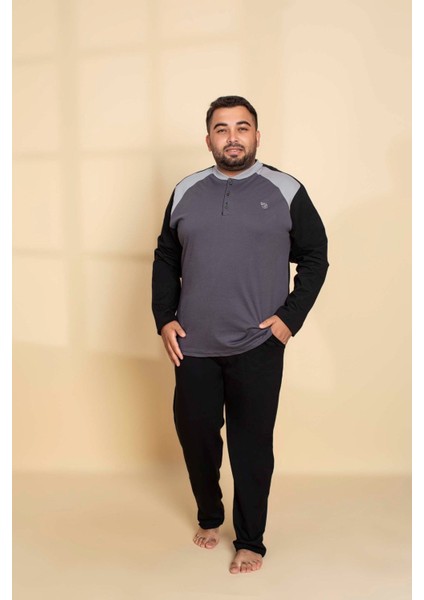 Erkek Büyük Battal Beden Desenli 3 Düğmeli %100 Pamuk Mevsimlik Uzun Kol Cepli Pijama Takımı fırsatları