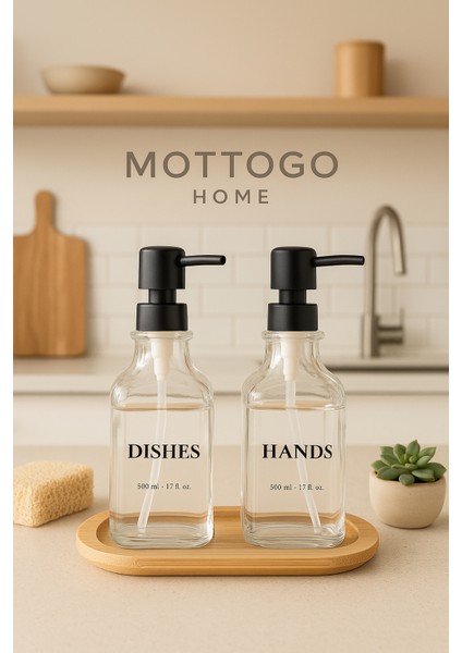 Bambu Altlıklı 2'li Cam Sabunluk Seti (Dishes-Hands-Soap-Lotion Etiketiyle ) 500ML