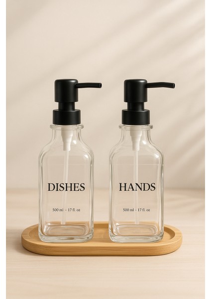 Bambu Altlıklı 2'li Cam Sabunluk Seti (Dishes-Hands-Soap-Lotion Etiketiyle ) 500ML indirimleri