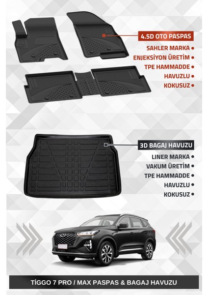 Chery Tiggo 7 Pro / Max 2022+ Uyumlu 4.5d Premium Havuzlu Paspas ve Liner Marka 3D Bagaj Havuzu