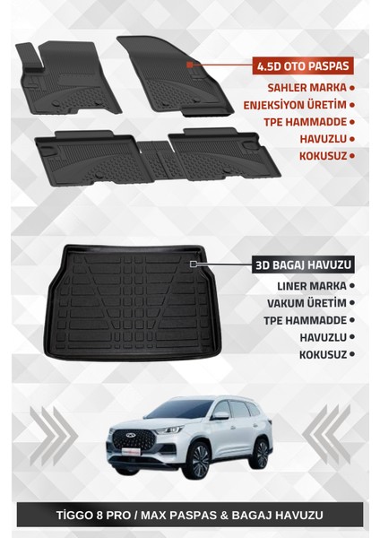 Chery Tiggo 8 Pro / Max 2022+ Uyumlu 4.5d Premium Havuzlu Paspas ve Liner Marka 3D Bagaj Havuzu