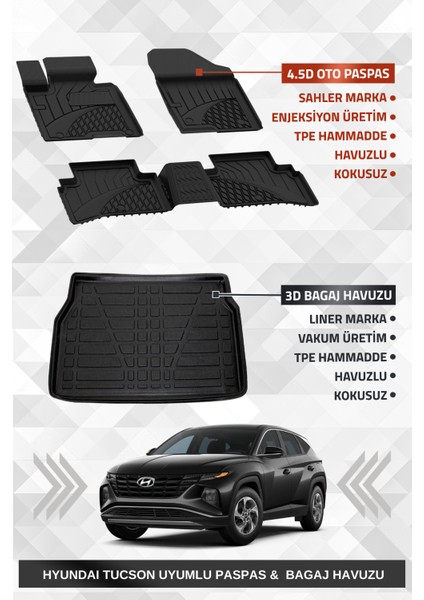 Hyundai Tucson 2021+ Uyumlu 4.5d Premium Havuzlu Paspas ve Liner Marka 3D Bagaj Havuzu