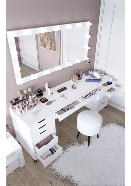 Duru Beyaz Suntalam Country Tasarım Makyaj Masası Seti 200x55x77 cm Şık Model