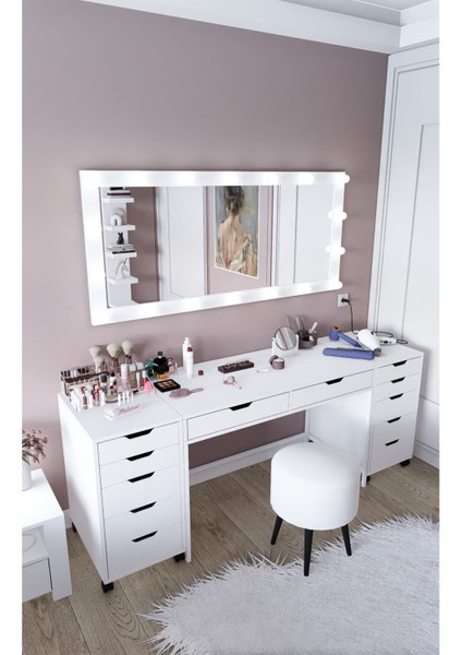 Duru Beyaz Suntalam Country Tasarım Makyaj Masası Seti 200x55x77 cm Şık Model