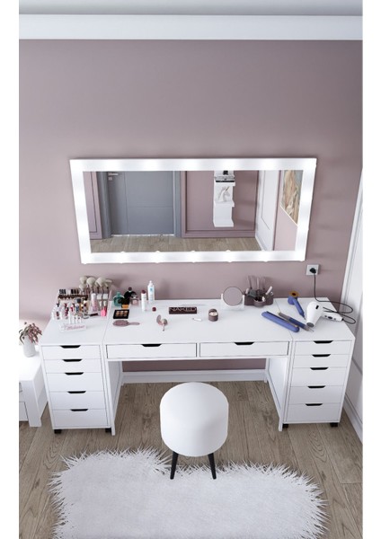 Duru Beyaz Suntalam Country Tasarım Makyaj Masası Seti 200x55x77 cm Şık Model