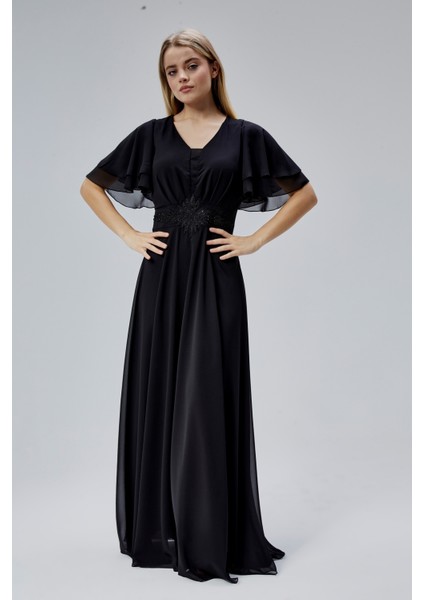 Kadın Şifon Beli Işleme Detaylı V Yakalı Robası Pileli Dökümlü Kumaştan Uzun Abiye Elbise HV06063045