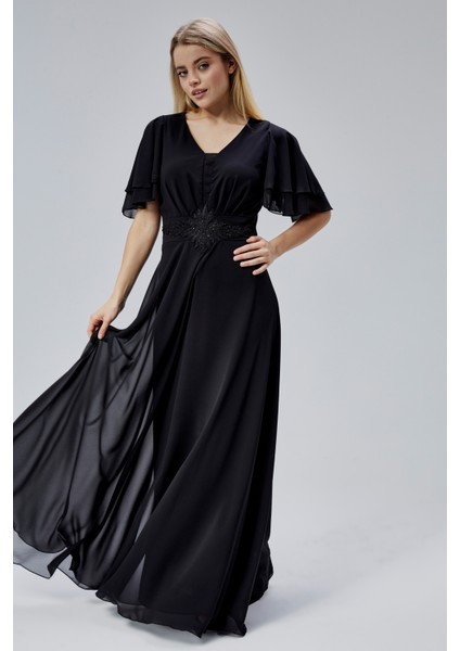 Kadın Şifon Beli Işleme Detaylı V Yakalı Robası Pileli Dökümlü Kumaştan Uzun Abiye Elbise HV06063045 fiyatları