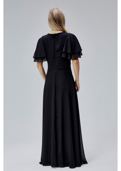 Kadın Şifon Beli Işleme Detaylı V Yakalı Robası Pileli Dökümlü Kumaştan Uzun Abiye Elbise HV06063045 indirimleri