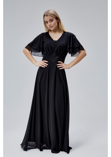 Kadın Şifon Beli Işleme Detaylı V Yakalı Robası Pileli Dökümlü Kumaştan Uzun Abiye Elbise HV06063045