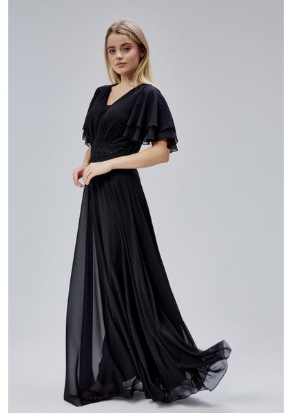 Kadın Şifon Beli Işleme Detaylı V Yakalı Robası Pileli Dökümlü Kumaştan Uzun Abiye Elbise HV06063045