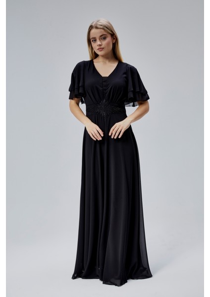 Kadın Şifon Beli Işleme Detaylı V Yakalı Robası Pileli Dökümlü Kumaştan Uzun Abiye Elbise HV06063045