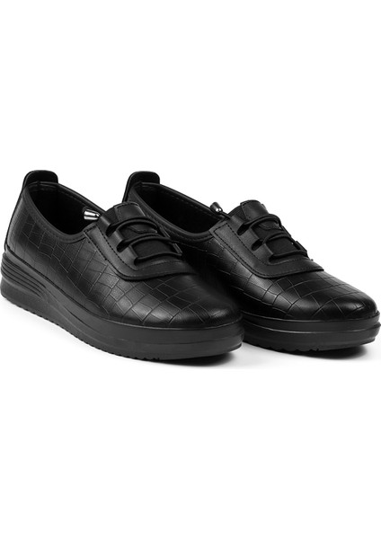 Kadın Siyah Krodil Desenli Ortopedik Anne Ayakkabısı - Rahat Kaymaz Taban, Bağcıklı Günlük Yürüyüş Ayakkabısı