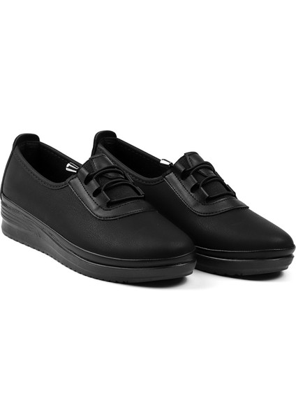 Kadın Siyah Ortopedik Anne Ayakkabısı - Rahat Kaymaz Taban, Bağcıklı Günlük Yürüyüş Ayakkabısı