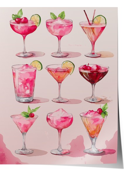 Çerçevesiz Poster, Şık Pembe Kokteyl Bardakları Illüstrasyonu, Mutfak Dekoru Poster No: 113244