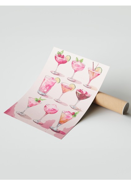 Çerçevesiz Poster, Şık Pembe Kokteyl Bardakları Illüstrasyonu, Mutfak Dekoru Poster No: 113244 modelleri