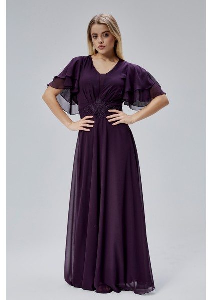 Kadın Şifon Beli Işleme Detaylı V Yakalı Robası Pileli Dökümlü Kumaştan Uzun Abiye Elbise HV06063045