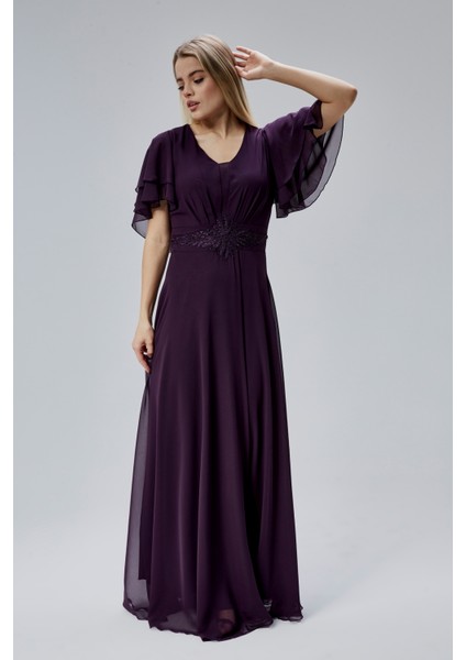 Kadın Şifon Beli Işleme Detaylı V Yakalı Robası Pileli Dökümlü Kumaştan Uzun Abiye Elbise HV06063045 fiyatları