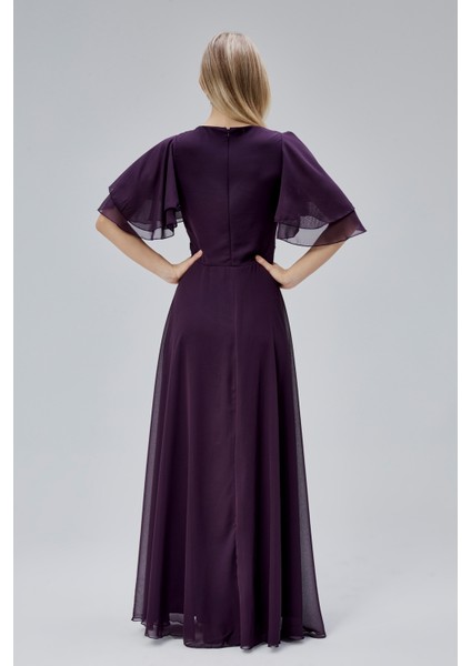 Kadın Şifon Beli Işleme Detaylı V Yakalı Robası Pileli Dökümlü Kumaştan Uzun Abiye Elbise HV06063045 fırsatları