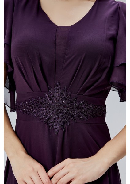 Kadın Şifon Beli Işleme Detaylı V Yakalı Robası Pileli Dökümlü Kumaştan Uzun Abiye Elbise HV06063045 indirimleri