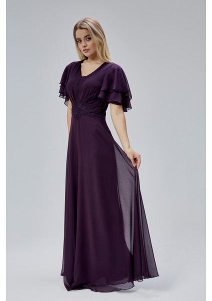 Kadın Şifon Beli Işleme Detaylı V Yakalı Robası Pileli Dökümlü Kumaştan Uzun Abiye Elbise HV06063045