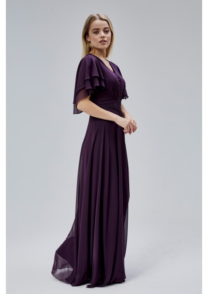 Kadın Şifon Beli Işleme Detaylı V Yakalı Robası Pileli Dökümlü Kumaştan Uzun Abiye Elbise HV06063045