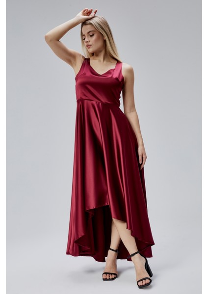 Kadın Saten Abiye Elbise - Dekolteli Kolsuz Volanlı Önü Kısa Arkası Uzun Tasarım HV06063109 fiyatları