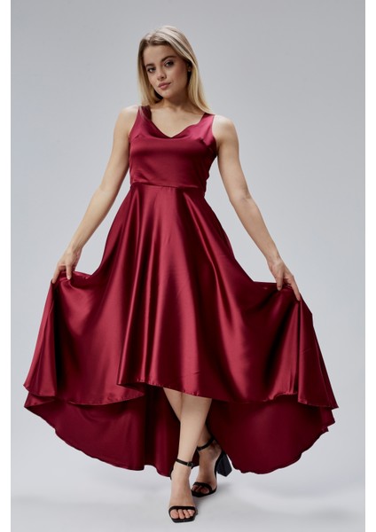 Kadın Saten Abiye Elbise - Dekolteli Kolsuz Volanlı Önü Kısa Arkası Uzun Tasarım HV06063109 fırsatları