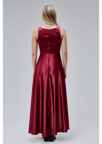 Kadın Saten Abiye Elbise - Dekolteli Kolsuz Volanlı Önü Kısa Arkası Uzun Tasarım HV06063109