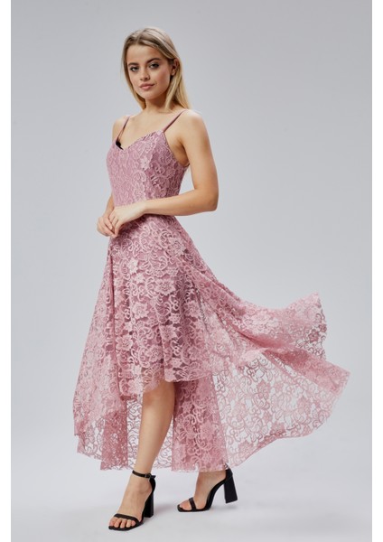 Kadın Uzun Dantelli V Yaka Fermuarlı Sırt Detaylı Ayarlanılabilir Omuz Askılı Uzun Elbise HV06063133