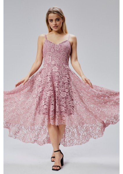 Kadın Uzun Dantelli V Yaka Fermuarlı Sırt Detaylı Ayarlanılabilir Omuz Askılı Uzun Elbise HV06063133 fiyatları