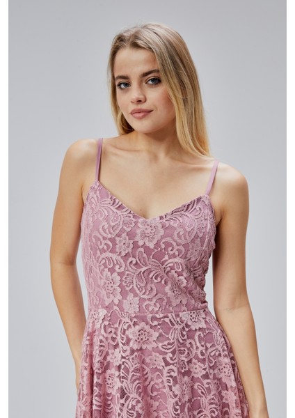 Kadın Uzun Dantelli V Yaka Fermuarlı Sırt Detaylı Ayarlanılabilir Omuz Askılı Uzun Elbise HV06063133 modelleri