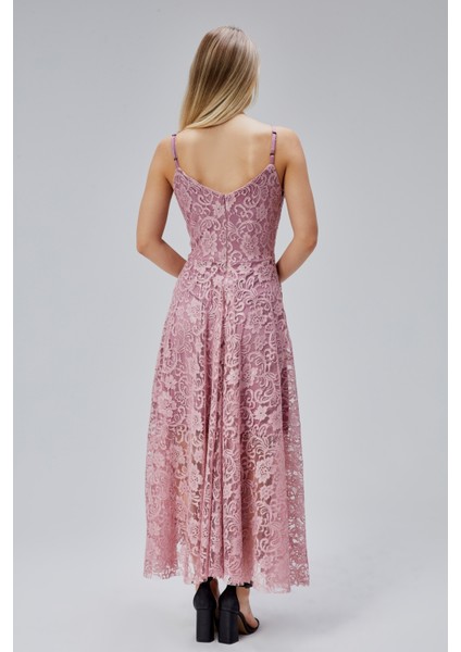 Kadın Uzun Dantelli V Yaka Fermuarlı Sırt Detaylı Ayarlanılabilir Omuz Askılı Uzun Elbise HV06063133 fırsatları