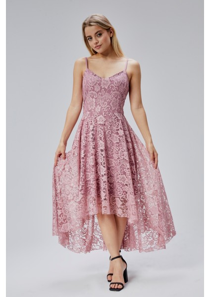 Kadın Uzun Dantelli V Yaka Fermuarlı Sırt Detaylı Ayarlanılabilir Omuz Askılı Uzun Elbise HV06063133