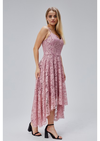 Kadın Uzun Dantelli V Yaka Fermuarlı Sırt Detaylı Ayarlanılabilir Omuz Askılı Uzun Elbise HV06063133