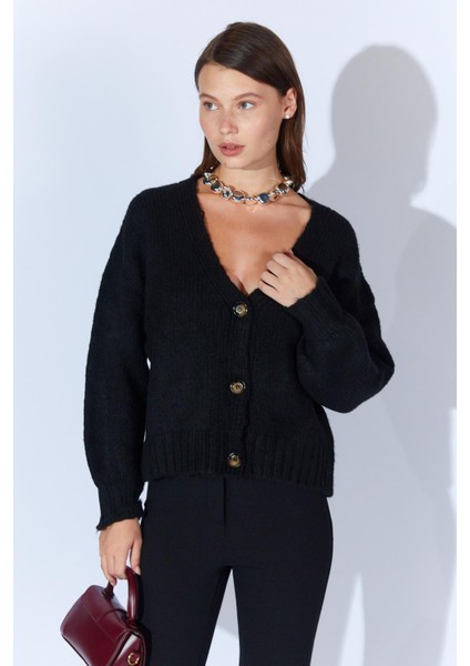 Kadın Siyah V Yaka Basic Hırka