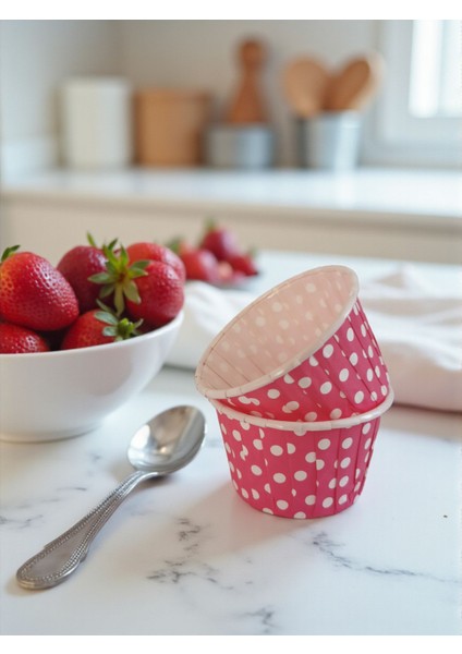 Puantiyeli Pembe 50'li Airfryer ve Fırın Için Muffin Kek Kalıbı Cupcake Kalıbı 6,50X4 cm