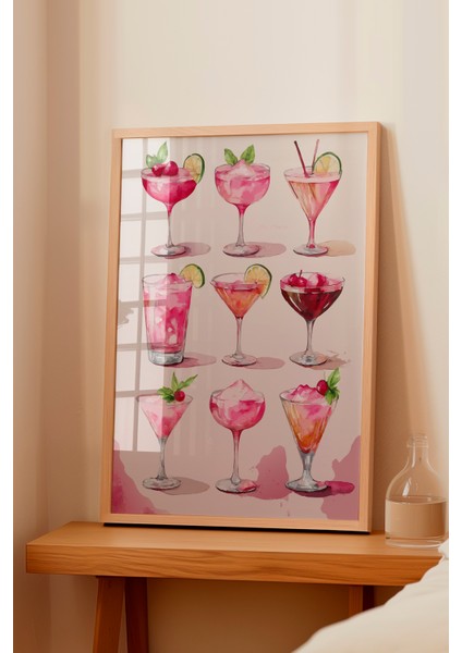Ahşap Çerçeveli Tablo, Şık Pembe Kokteyl Bardakları Illüstrasyonu, Mutfak Dekoru Poster No: 113244 fiyatları