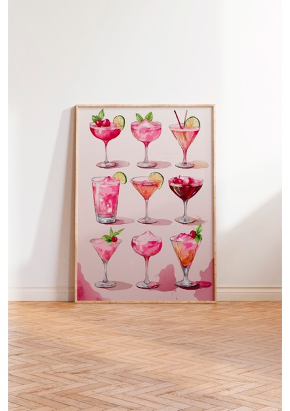 Ahşap Çerçeveli Tablo, Şık Pembe Kokteyl Bardakları Illüstrasyonu, Mutfak Dekoru Poster No: 113244 modelleri