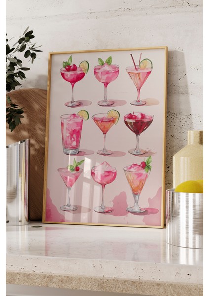 Ahşap Çerçeveli Tablo, Şık Pembe Kokteyl Bardakları Illüstrasyonu, Mutfak Dekoru Poster No: 113244 fırsatları