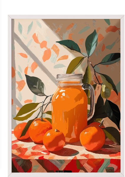Beyaz Çerçeveli Tablo, Turuncu Meyve Suyu ve Portakallar – Pop Art, Mutfak Dekoru Poster No: 113236