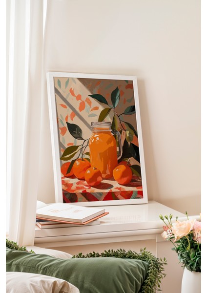 Beyaz Çerçeveli Tablo, Turuncu Meyve Suyu ve Portakallar – Pop Art, Mutfak Dekoru Poster No: 113236 fiyatları
