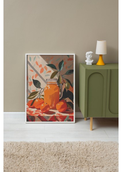 Beyaz Çerçeveli Tablo, Turuncu Meyve Suyu ve Portakallar – Pop Art, Mutfak Dekoru Poster No: 113236 fırsatları