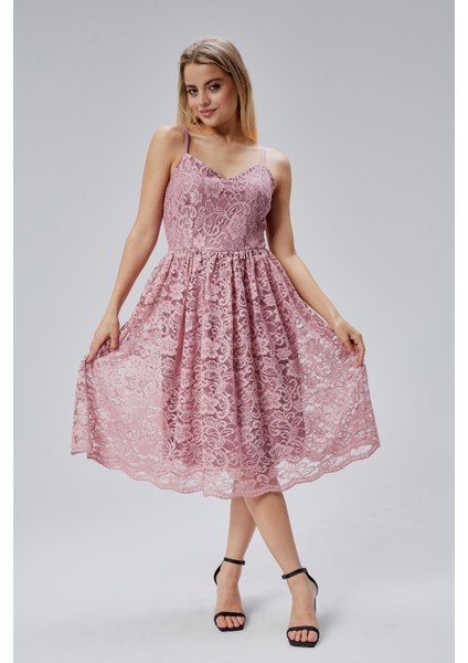 Kadın Dantelli V Yaka Fermuarlı Sırt Detaylı Ayarlanılabilir Omuz Askılı Kısa Elbise HV06063134