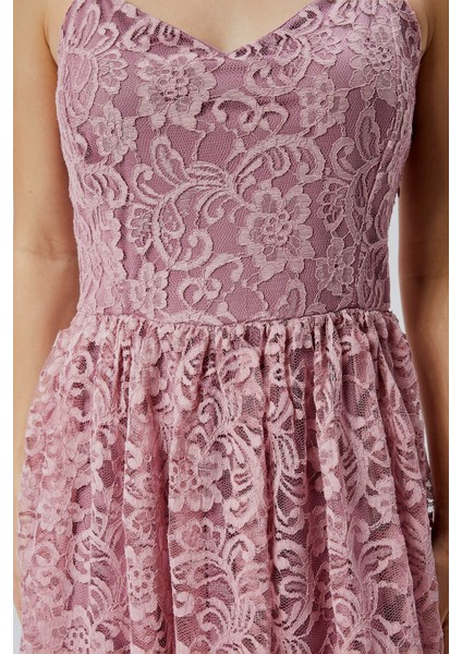 Kadın Dantelli V Yaka Fermuarlı Sırt Detaylı Ayarlanılabilir Omuz Askılı Kısa Elbise HV06063134 fırsatları