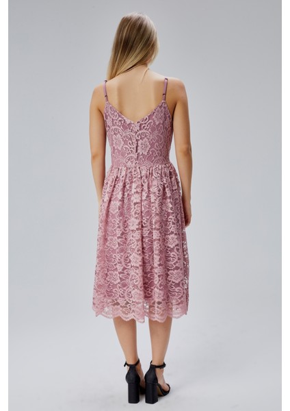 Kadın Dantelli V Yaka Fermuarlı Sırt Detaylı Ayarlanılabilir Omuz Askılı Kısa Elbise HV06063134 indirimleri